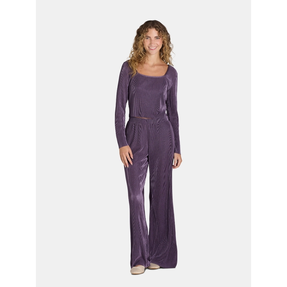 No Boundaries Purple Pleated Sqaure Neck Top & Pants Set 2×Piece, Size ( S4-6. )